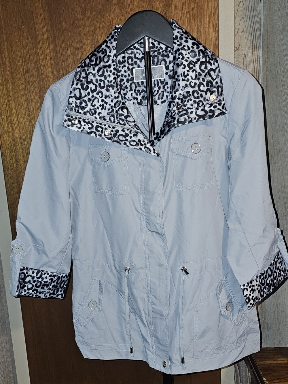 JM Collection Light Gray Utility Jacket with Leopard-Print Trim Water Resistant